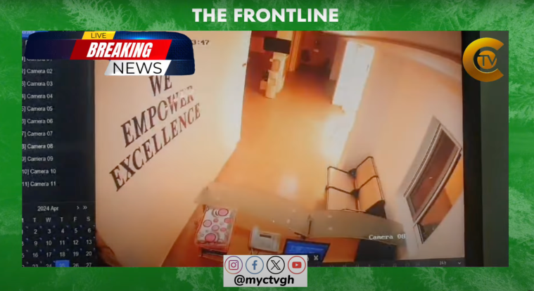 On April 25, a group of unidentified men firebombed Class Media Group's office, in the Labone district of Ghana’s capital Accra, and fled the scene. (Screenshot My C TV/YouTube)